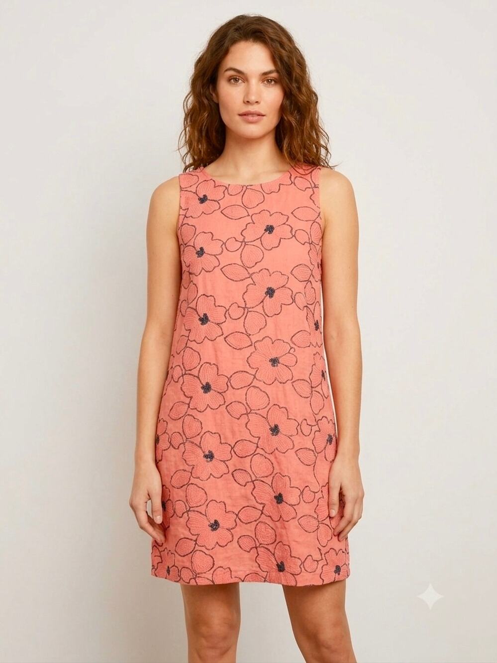 Vasna Italy Linen Floral Embroidered Beaded Dress M Coral Pink Sleeveless Shift